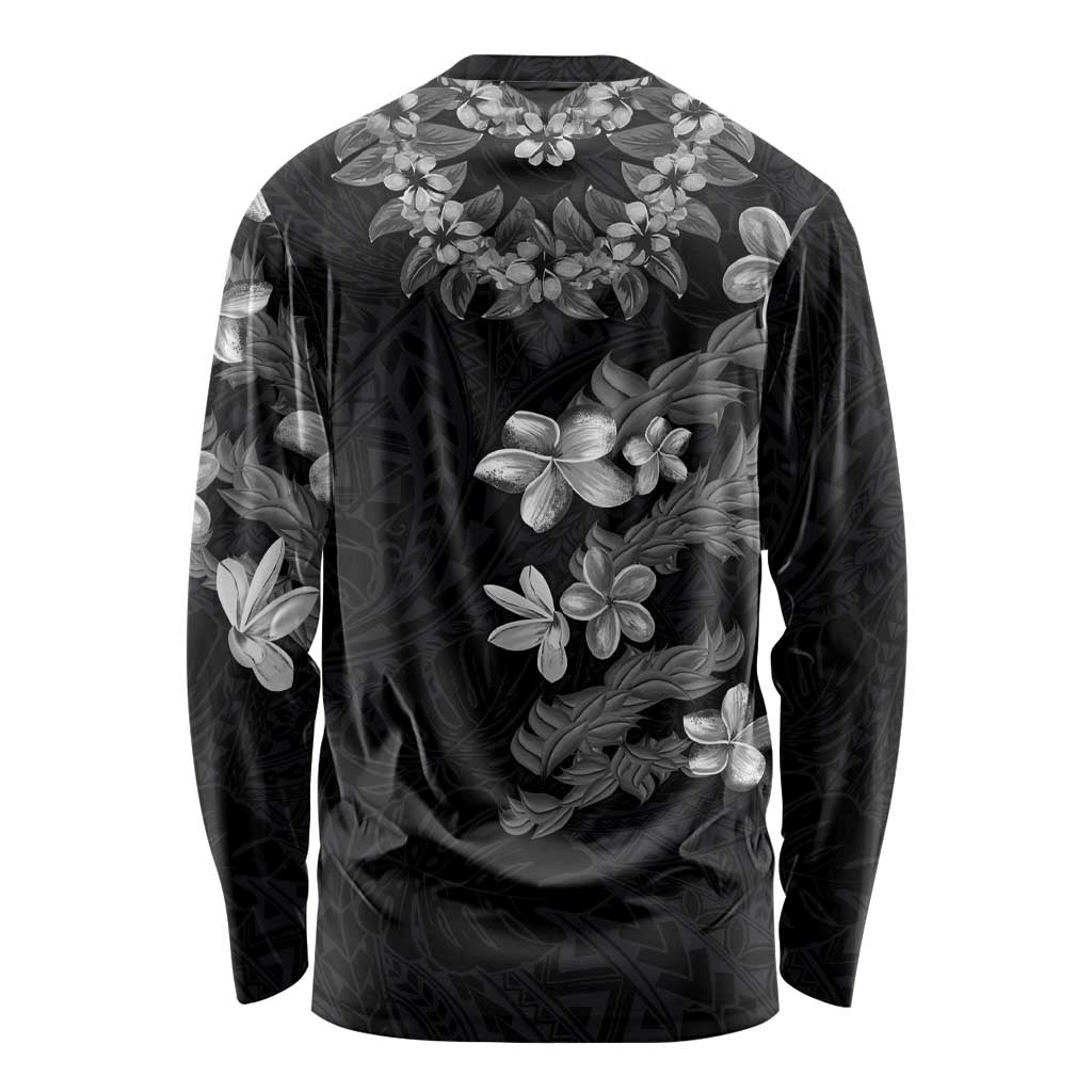Hawaiian Lei Plumeria and Tropical Leaves Long Sleeve Shirt Watercolor Style-Grayscale