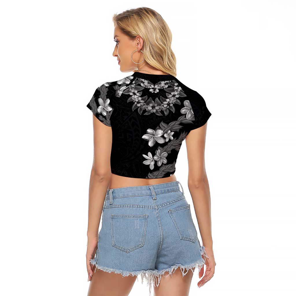 Hawaiian Lei Plumeria and Tropical Leaves Raglan Cropped T Shirt Watercolor Style-Grayscale