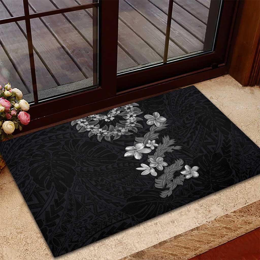 Hawaiian Lei Plumeria and Tropical Leaves Rubber Doormat Watercolor Style-Grayscale
