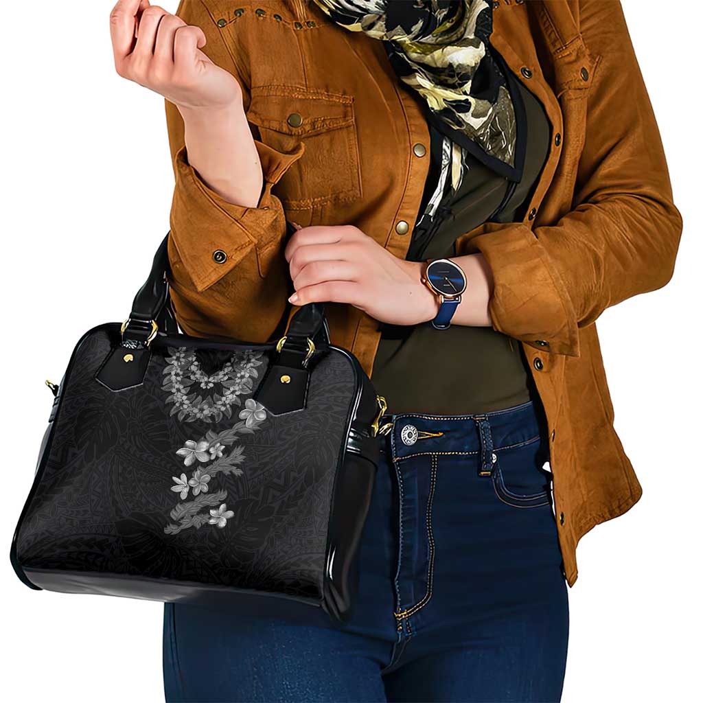 Hawaiian Lei Plumeria and Tropical Leaves Shoulder Handbag Watercolor Style-Grayscale