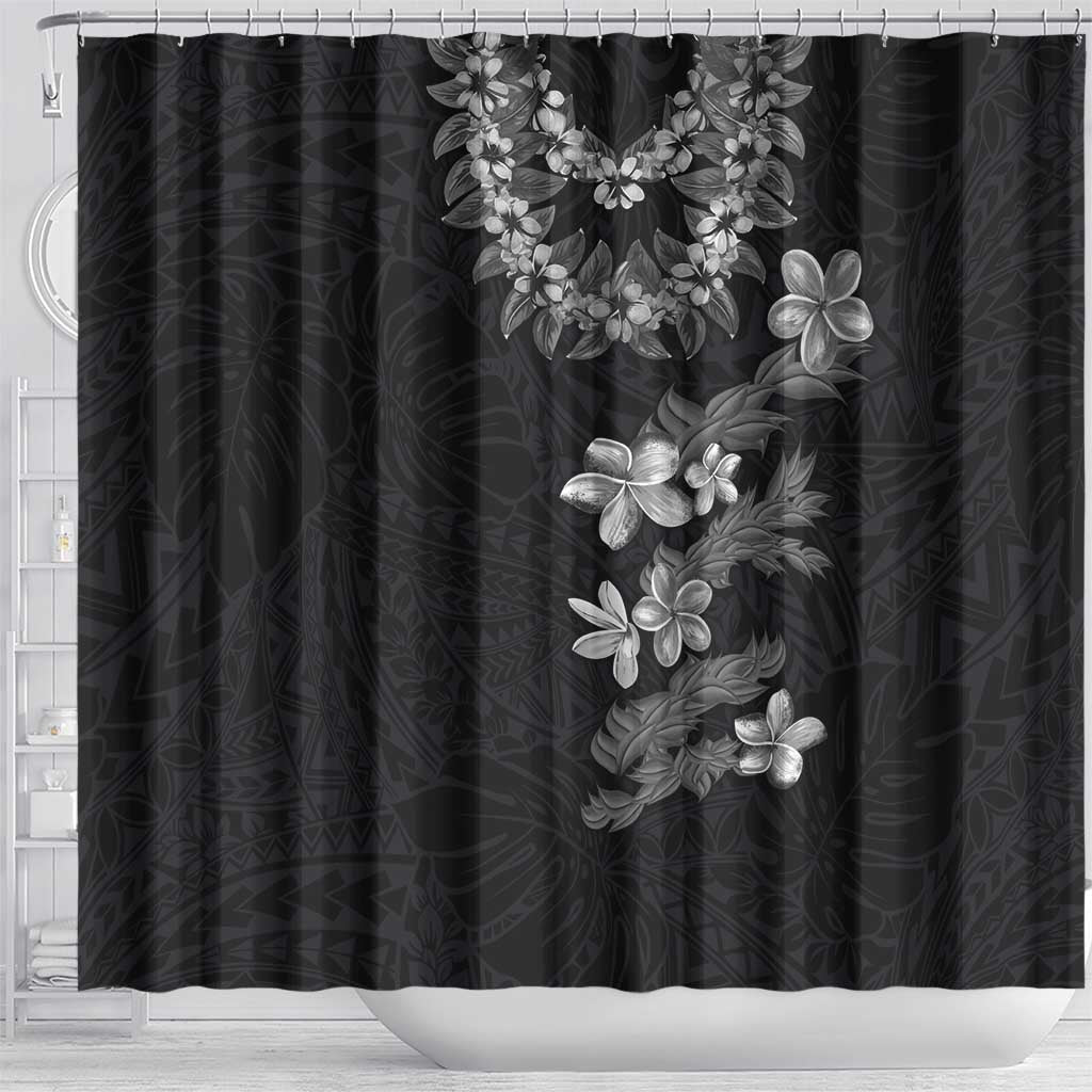 Hawaiian Lei Plumeria and Tropical Leaves Shower Curtain Watercolor Style-Grayscale