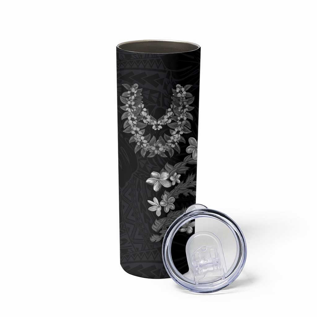 Hawaiian Lei Plumeria and Tropical Leaves Skinny Tumbler Watercolor Style-Grayscale