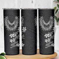 Hawaiian Lei Plumeria and Tropical Leaves Skinny Tumbler Watercolor Style-Grayscale