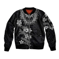 Hawaiian Lei Plumeria and Tropical Leaves Sleeve Zip Bomber Jacket Watercolor Style-Grayscale