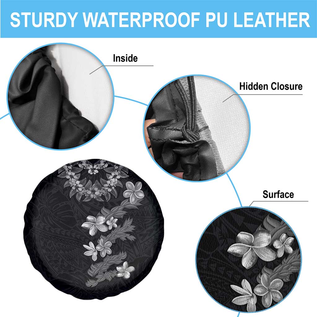 Hawaiian Lei Plumeria and Tropical Leaves Spare Tire Cover Watercolor Style-Grayscale