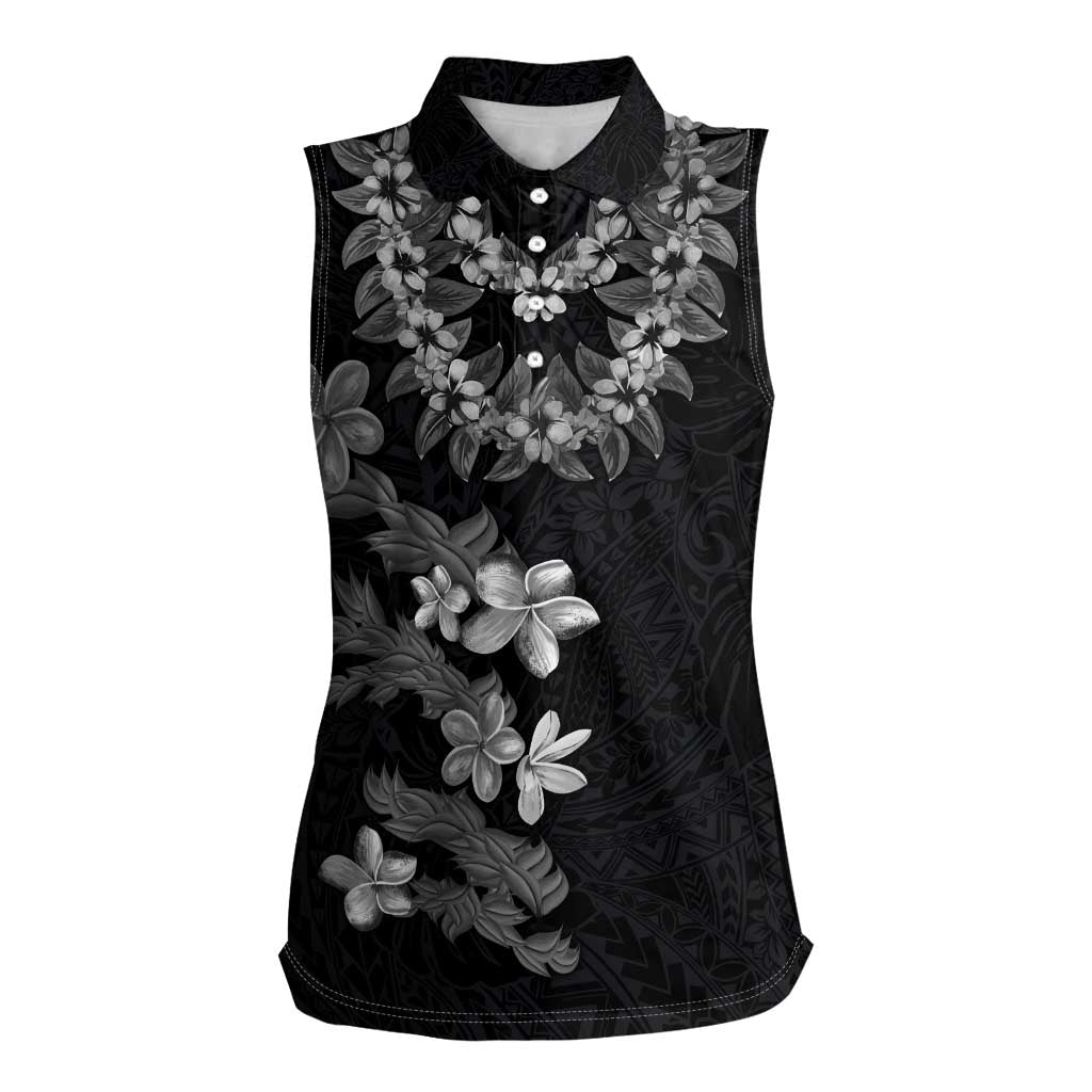 Hawaiian Lei Plumeria and Tropical Leaves Women Sleeveless Polo Shirt Watercolor Style-Grayscale