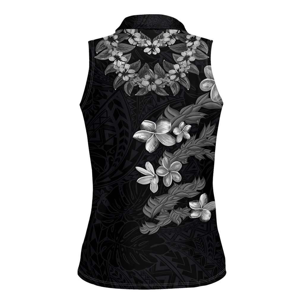 Hawaiian Lei Plumeria and Tropical Leaves Women Sleeveless Polo Shirt Watercolor Style-Grayscale