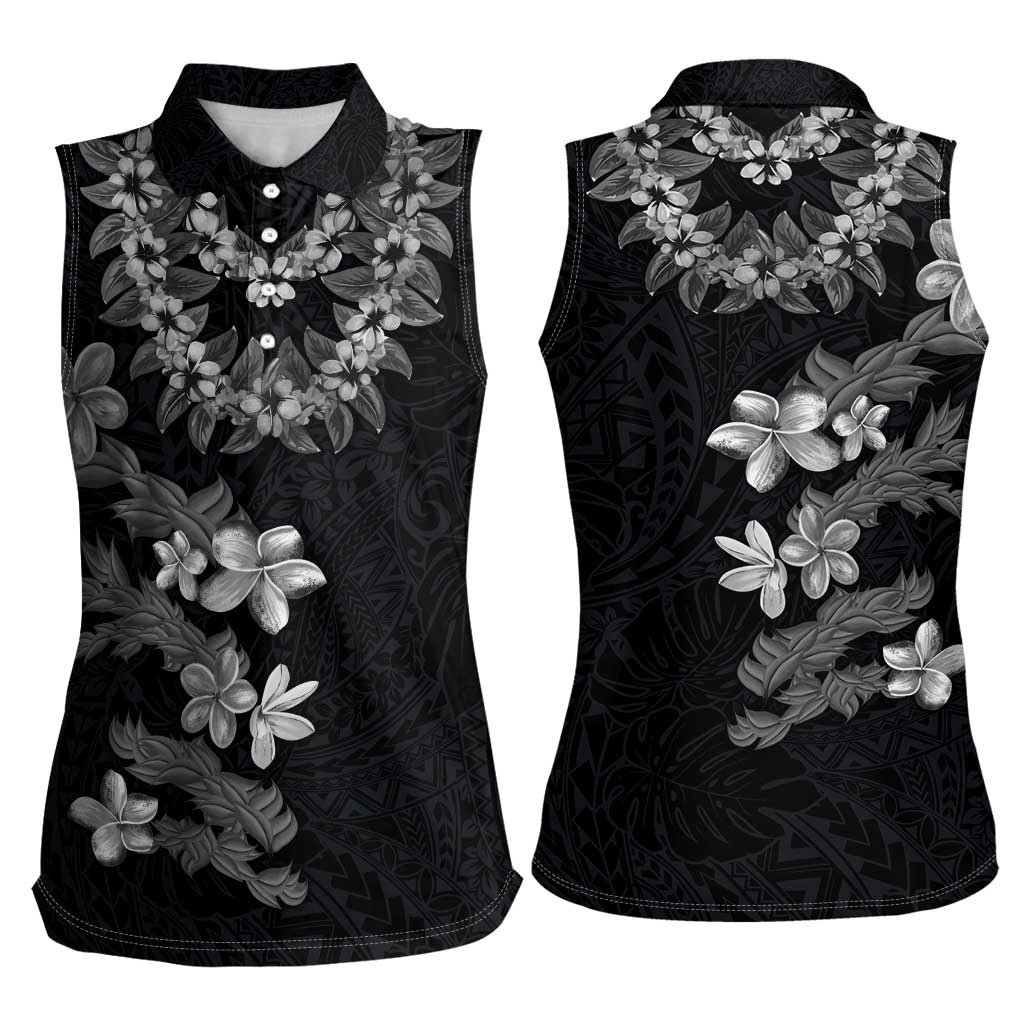 Hawaiian Lei Plumeria and Tropical Leaves Women Sleeveless Polo Shirt Watercolor Style-Grayscale