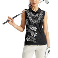 Hawaiian Lei Plumeria and Tropical Leaves Women Sleeveless Polo Shirt Watercolor Style-Grayscale