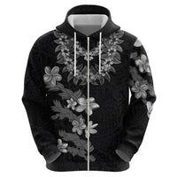 Hawaiian Lei Plumeria and Tropical Leaves Zip Hoodie Watercolor Style-Grayscale
