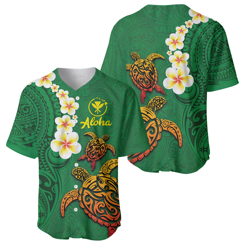Hawaii Turtle Plumeria Flower Baseball Jersey Polynesian Pattern Green Color
