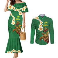 Hawaii Turtle Plumeria Flower Couples Matching Mermaid Dress and Long Sleeve Button Shirt Polynesian Pattern Green Color LT03 Green - Polynesian Pride