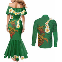 Hawaii Turtle Plumeria Flower Couples Matching Mermaid Dress and Long Sleeve Button Shirt Polynesian Pattern Green Color LT03 - Polynesian Pride