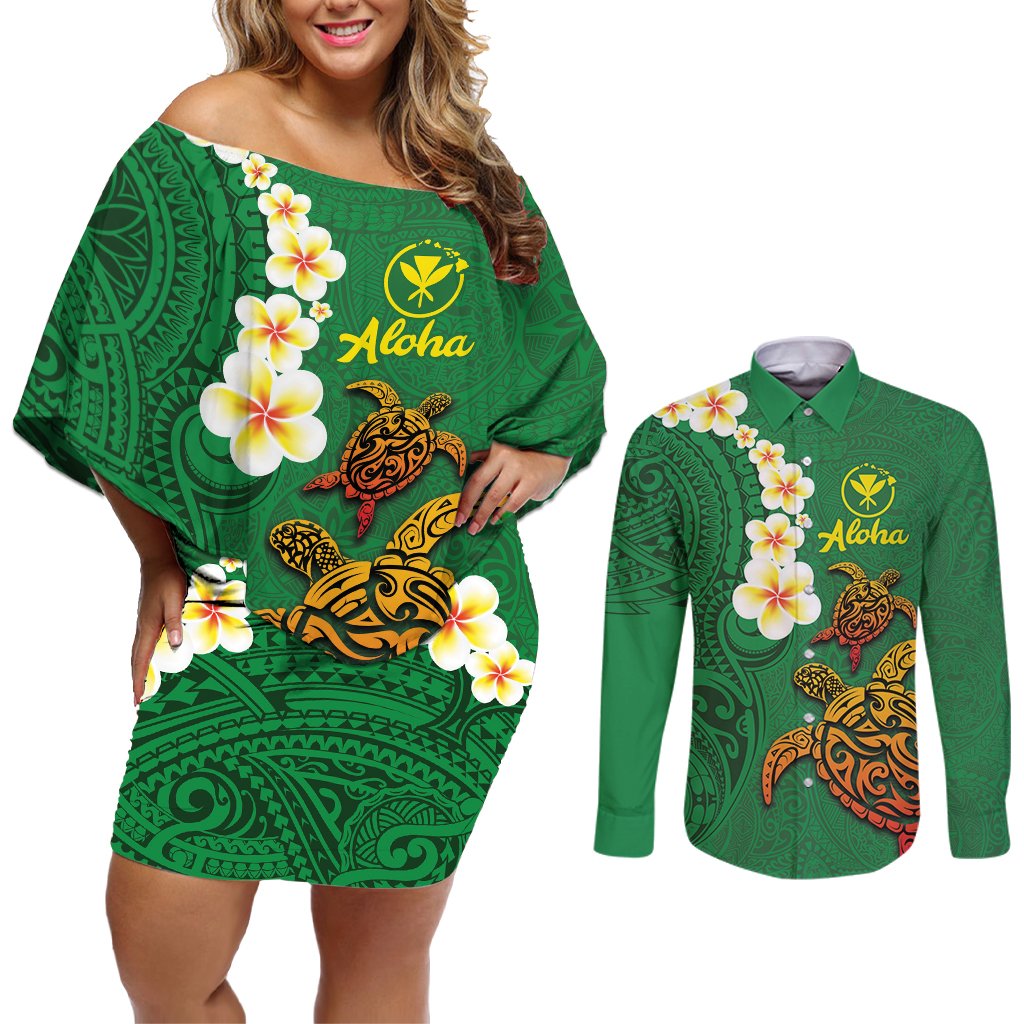 Hawaii Turtle Plumeria Flower Couples Matching Off Shoulder Short Dress and Long Sleeve Button Shirt Polynesian Pattern Green Color