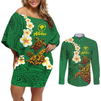 Hawaii Turtle Plumeria Flower Couples Matching Off Shoulder Short Dress and Long Sleeve Button Shirt Polynesian Pattern Green Color