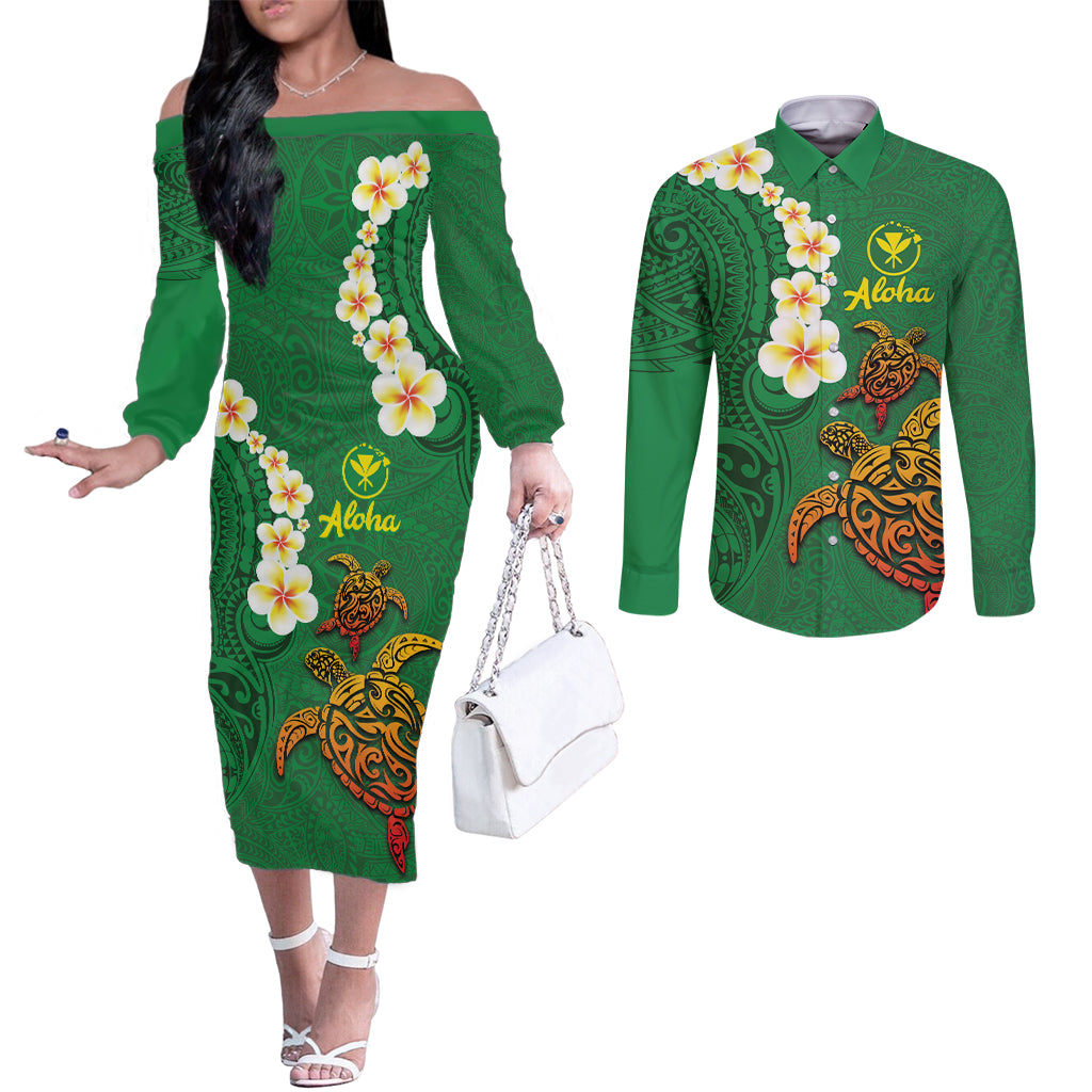 Hawaii Turtle Plumeria Flower Couples Matching Off The Shoulder Long Sleeve Dress and Long Sleeve Button Shirt Polynesian Pattern Green Color