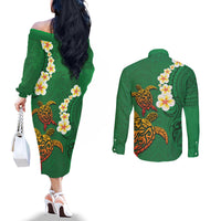 Hawaii Turtle Plumeria Flower Couples Matching Off The Shoulder Long Sleeve Dress and Long Sleeve Button Shirt Polynesian Pattern Green Color