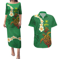 Hawaii Turtle Plumeria Flower Couples Matching Puletasi and Hawaiian Shirt Polynesian Pattern Green Color