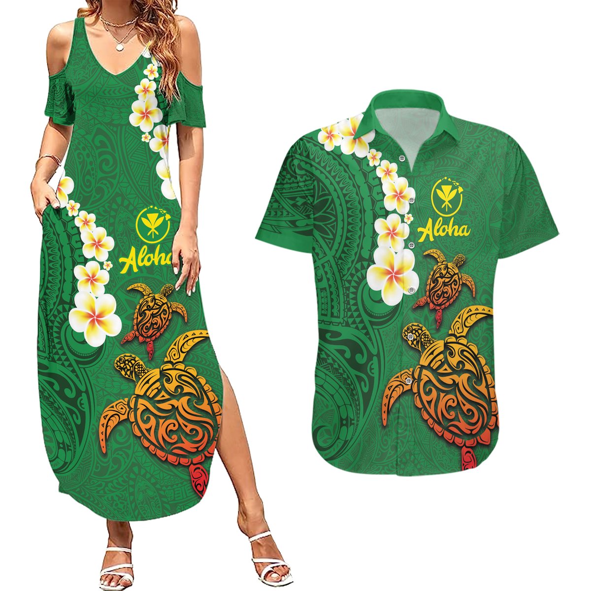 Hawaii Turtle Plumeria Flower Couples Matching Summer Maxi Dress and Hawaiian Shirt Polynesian Pattern Green Color