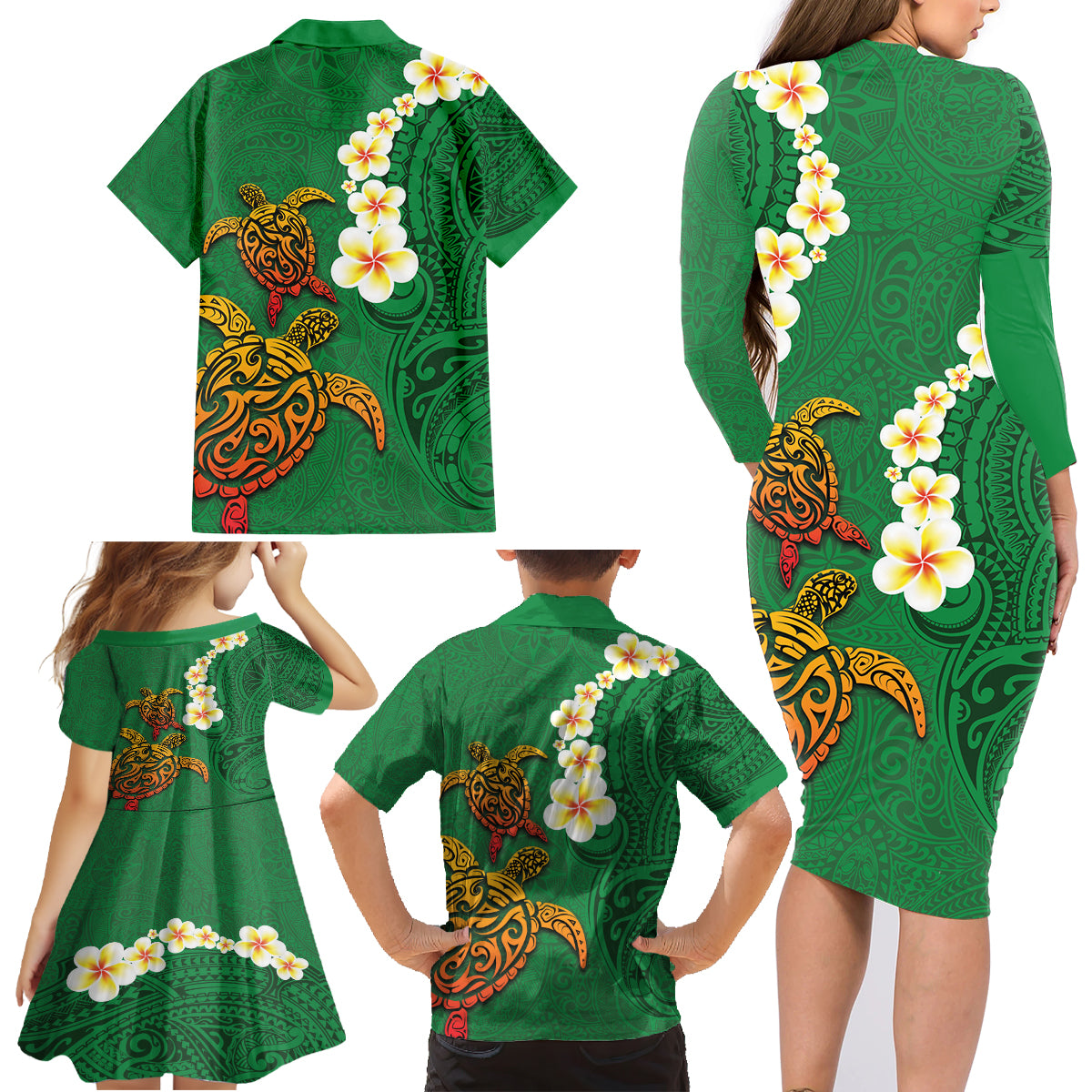 Hawaii Turtle Plumeria Flower Family Matching Long Sleeve Bodycon Dress and Hawaiian Shirt Polynesian Pattern Green Color