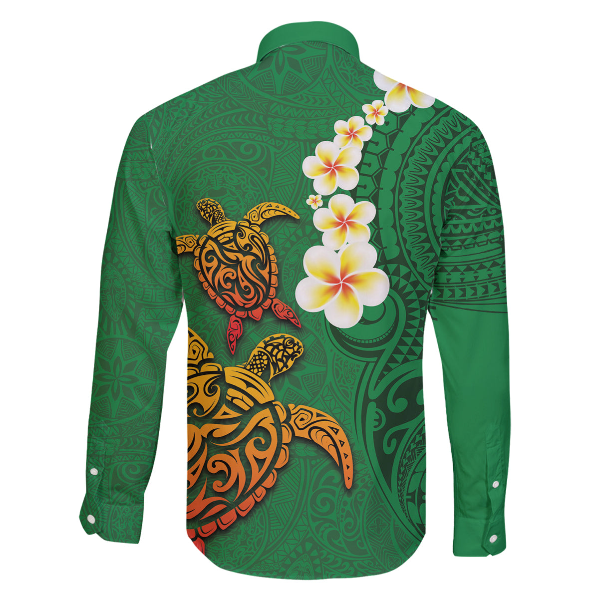 Hawaii Turtle Plumeria Flower Family Matching Long Sleeve Bodycon Dress and Hawaiian Shirt Polynesian Pattern Green Color