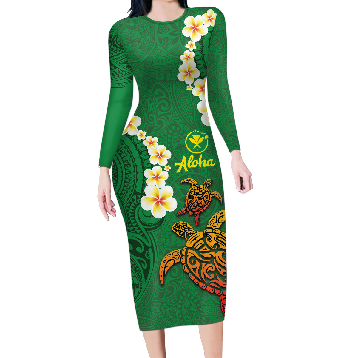 Hawaii Turtle Plumeria Flower Family Matching Long Sleeve Bodycon Dress and Hawaiian Shirt Polynesian Pattern Green Color