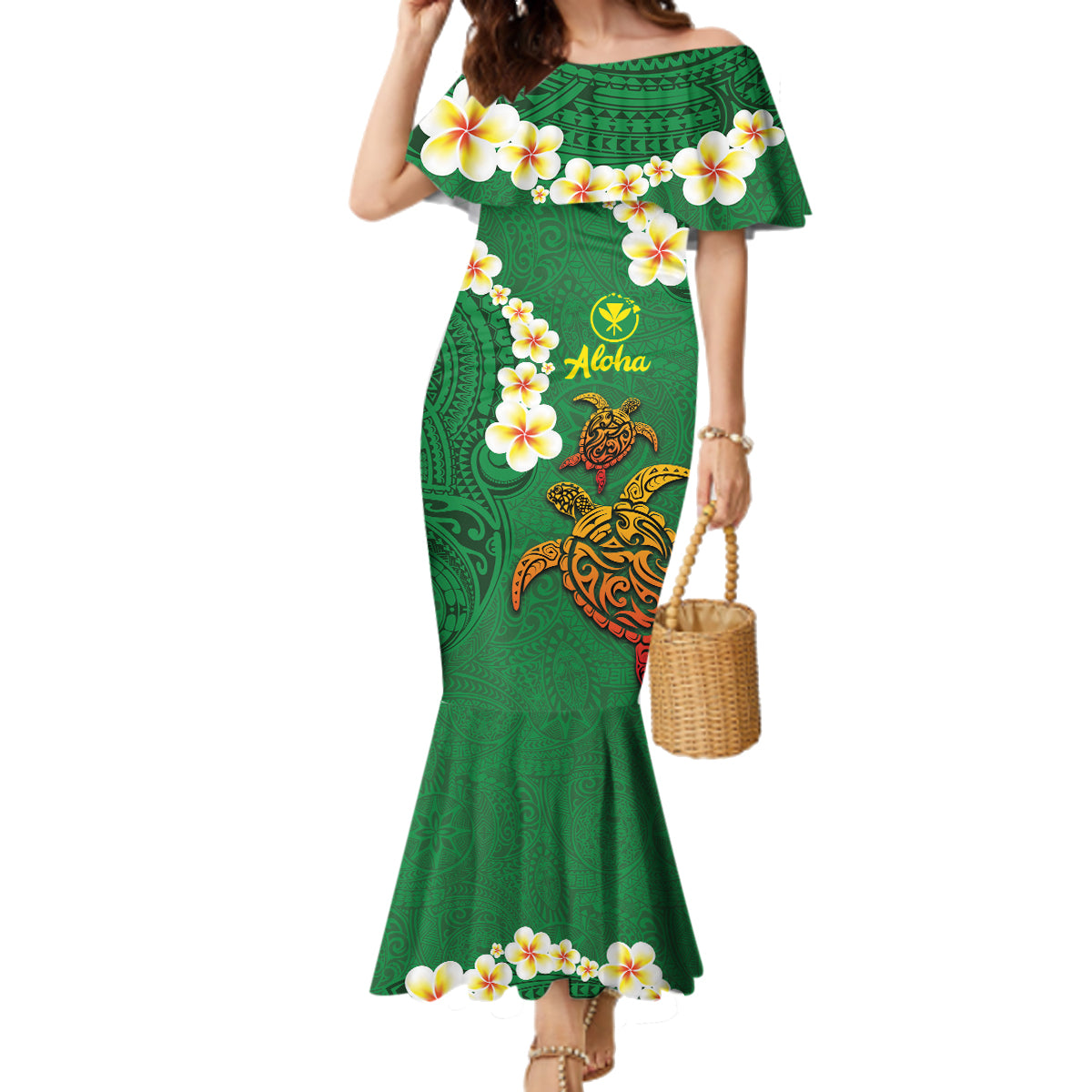 Hawaii Turtle Plumeria Flower Family Matching Mermaid Dress and Hawaiian Shirt Polynesian Pattern Green Color