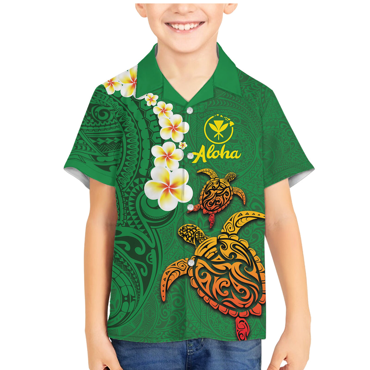Hawaii Turtle Plumeria Flower Family Matching Mermaid Dress and Hawaiian Shirt Polynesian Pattern Green Color