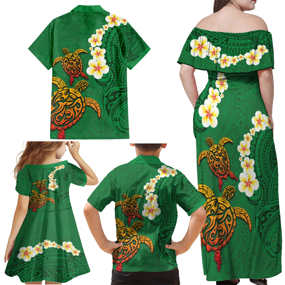 Hawaii Turtle Plumeria Flower Family Matching Off Shoulder Maxi Dress and Hawaiian Shirt Polynesian Pattern Green Color LT03 - Polynesian Pride