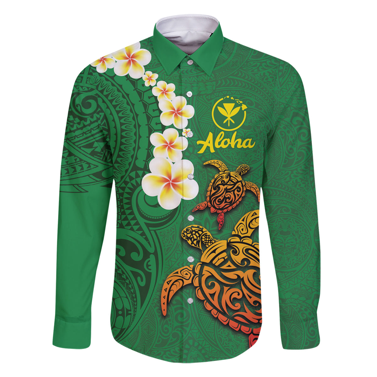 Hawaii Turtle Plumeria Flower Family Matching Off Shoulder Maxi Dress and Hawaiian Shirt Polynesian Pattern Green Color LT03 Dad's Shirt - Long Sleeve Green - Polynesian Pride