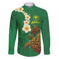 Hawaii Turtle Plumeria Flower Family Matching Off Shoulder Maxi Dress and Hawaiian Shirt Polynesian Pattern Green Color LT03 Dad's Shirt - Long Sleeve Green - Polynesian Pride