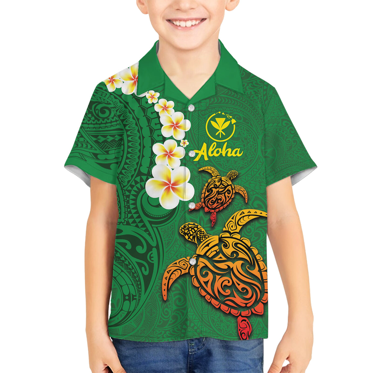 Hawaii Turtle Plumeria Flower Family Matching Off Shoulder Maxi Dress and Hawaiian Shirt Polynesian Pattern Green Color LT03 Son's Shirt Green - Polynesian Pride