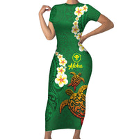Hawaii Turtle Plumeria Flower Family Matching Short Sleeve Bodycon Dress and Hawaiian Shirt Polynesian Pattern Green Color