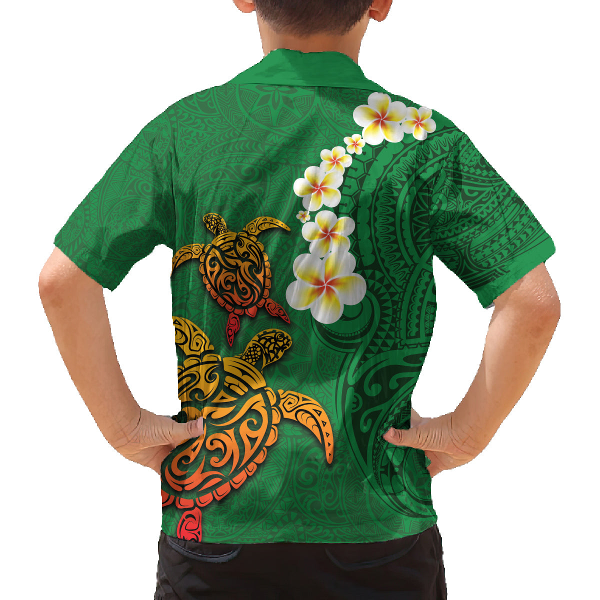Hawaii Turtle Plumeria Flower Family Matching Summer Maxi Dress and Hawaiian Shirt Polynesian Pattern Green Color LT03 - Polynesian Pride