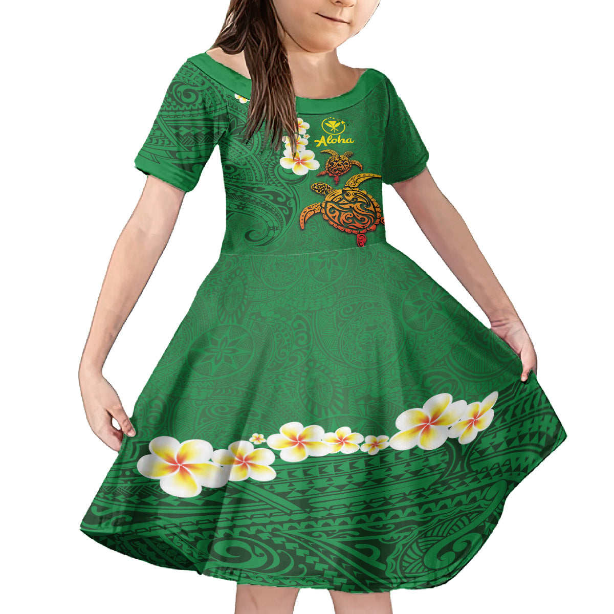 Hawaii Turtle Plumeria Flower Family Matching Summer Maxi Dress and Hawaiian Shirt Polynesian Pattern Green Color LT03 Daughter's Dress Green - Polynesian Pride