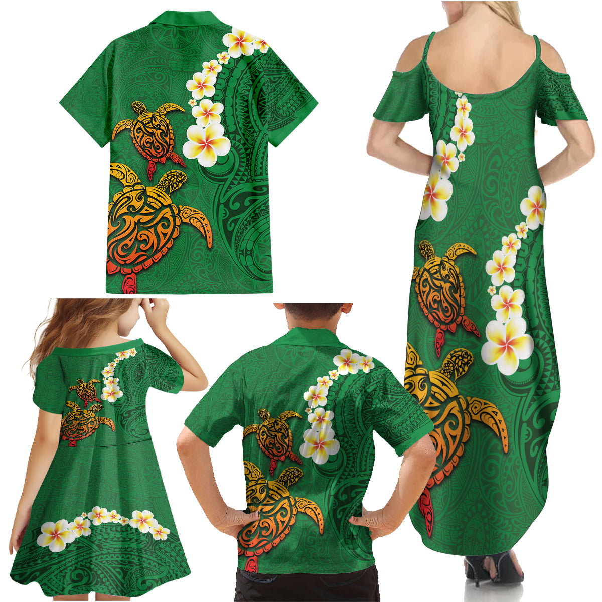 Hawaii Turtle Plumeria Flower Family Matching Summer Maxi Dress and Hawaiian Shirt Polynesian Pattern Green Color LT03 - Polynesian Pride
