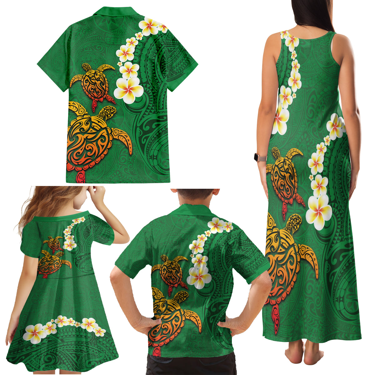 Hawaii Turtle Plumeria Flower Family Matching Tank Maxi Dress and Hawaiian Shirt Polynesian Pattern Green Color