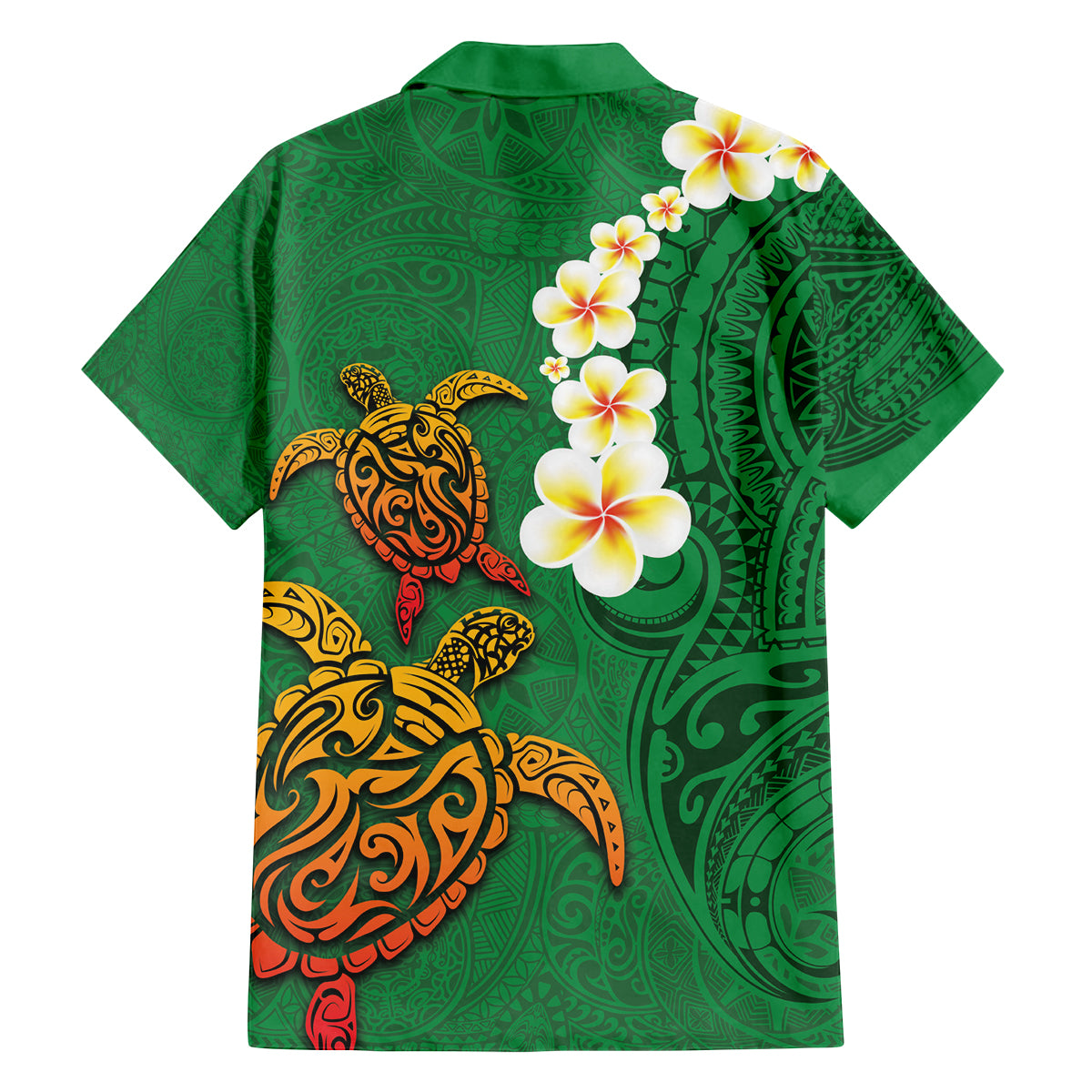 Hawaii Turtle Plumeria Flower Family Matching Tank Maxi Dress and Hawaiian Shirt Polynesian Pattern Green Color