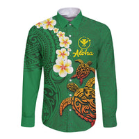 Hawaii Turtle Plumeria Flower Long Sleeve Button Shirt Polynesian Pattern Green Color