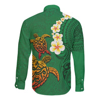Hawaii Turtle Plumeria Flower Long Sleeve Button Shirt Polynesian Pattern Green Color