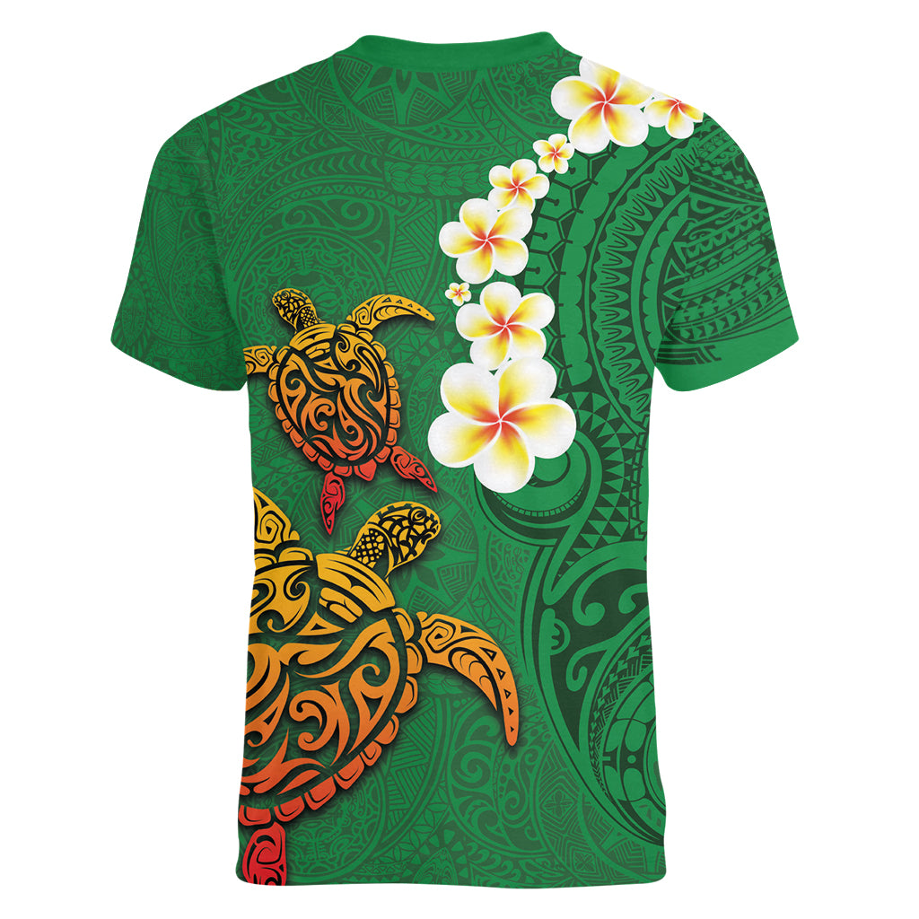 Hawaii Turtle Plumeria Flower Women V-Neck T-Shirt Polynesian Pattern Green Color