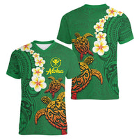Hawaii Turtle Plumeria Flower Women V-Neck T-Shirt Polynesian Pattern Green Color