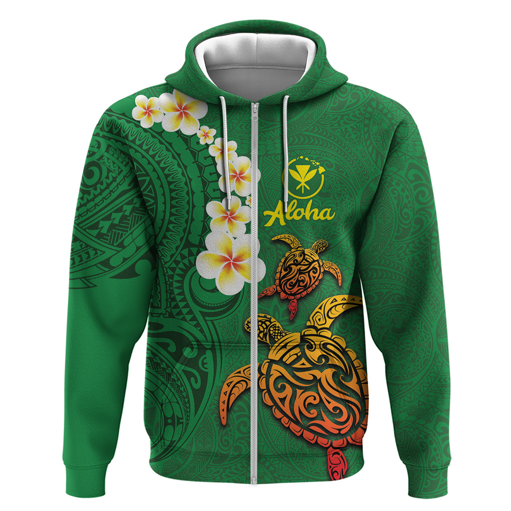 Hawaii Turtle Plumeria Flower Zip Hoodie Polynesian Pattern Green Color