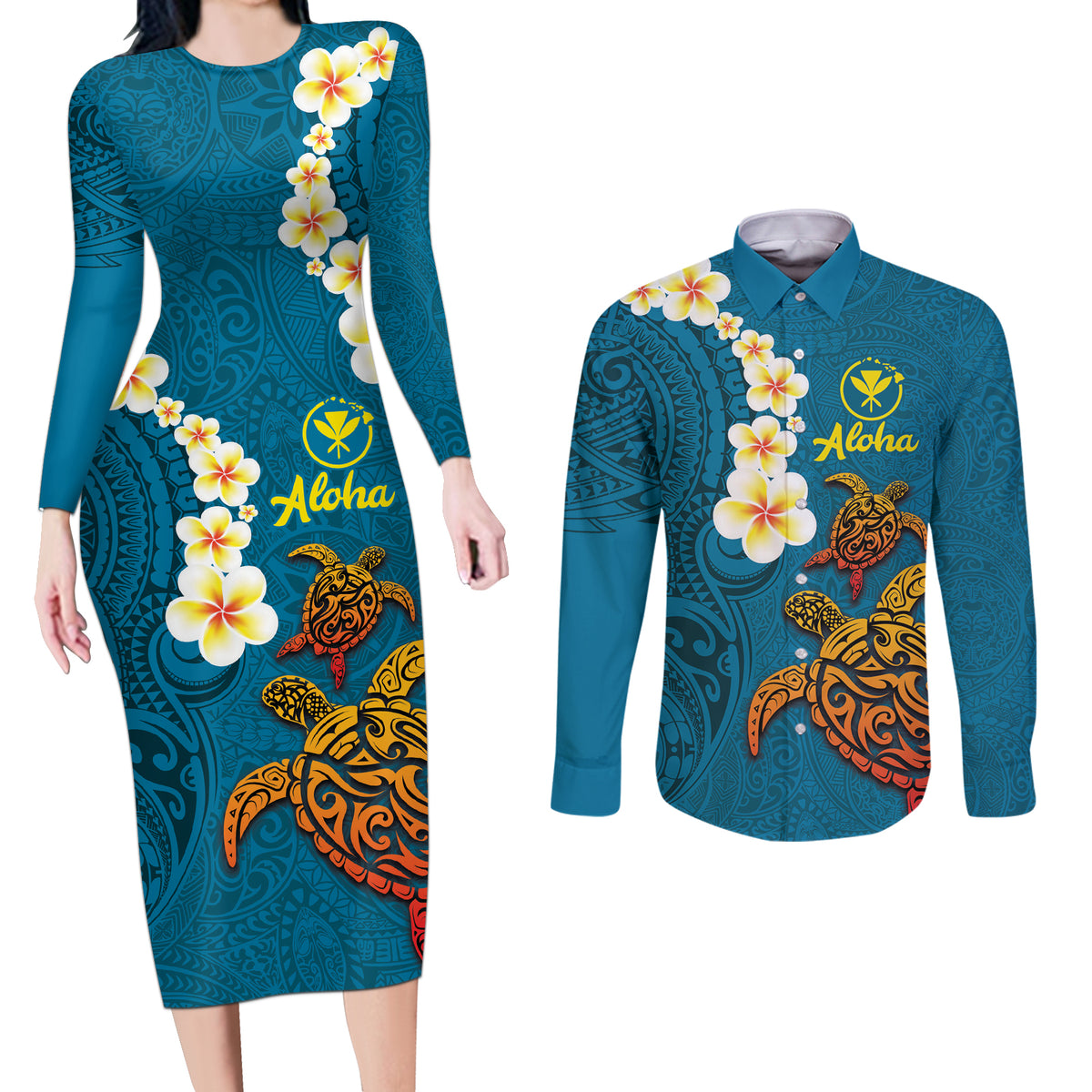 Hawaii Turtle Plumeria Flower Couples Matching Long Sleeve Bodycon Dress and Long Sleeve Button Shirt Polynesian Pattern Blue Color LT03 Blue - Polynesian Pride