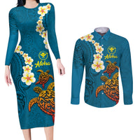 Hawaii Turtle Plumeria Flower Couples Matching Long Sleeve Bodycon Dress and Long Sleeve Button Shirt Polynesian Pattern Blue Color LT03 Blue - Polynesian Pride
