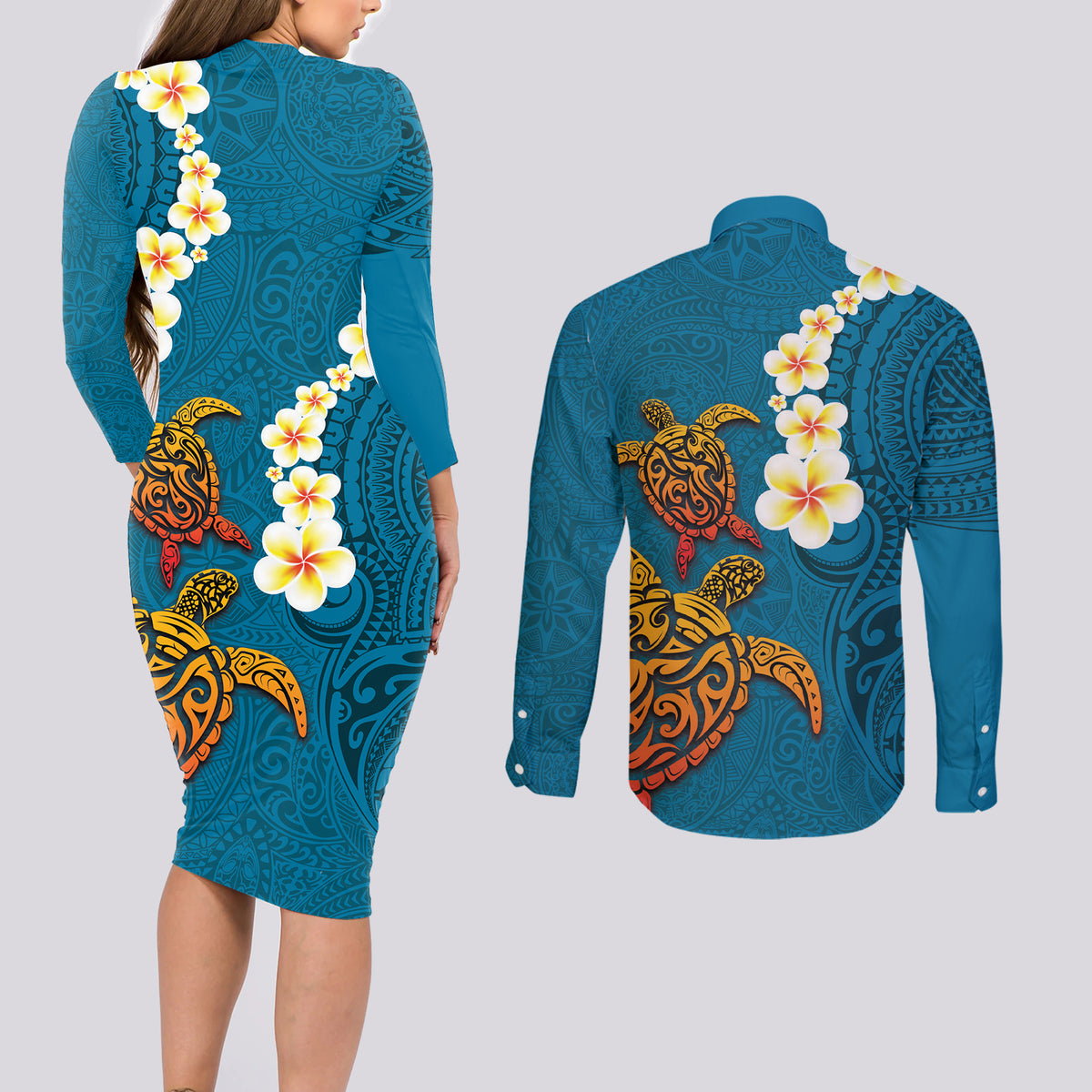 Hawaii Turtle Plumeria Flower Couples Matching Long Sleeve Bodycon Dress and Long Sleeve Button Shirt Polynesian Pattern Blue Color LT03 - Polynesian Pride