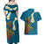 Hawaii Turtle Plumeria Flower Couples Matching Off Shoulder Maxi Dress and Hawaiian Shirt Polynesian Pattern Blue Color