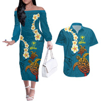 Hawaii Turtle Plumeria Flower Couples Matching Off The Shoulder Long Sleeve Dress and Hawaiian Shirt Polynesian Pattern Blue Color