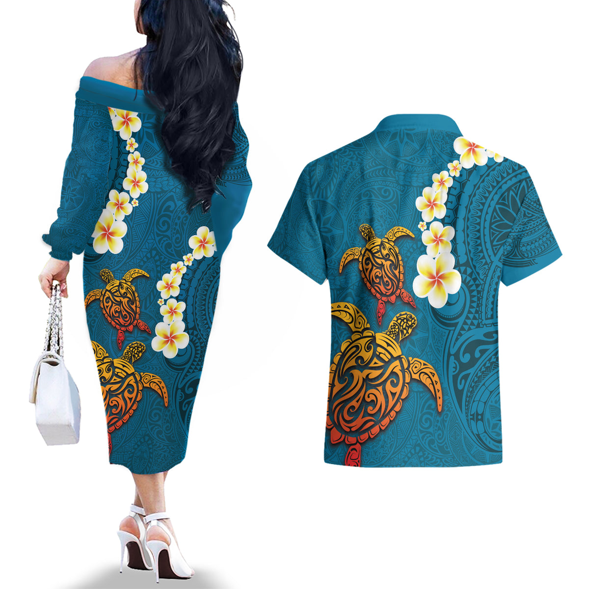 Hawaii Turtle Plumeria Flower Couples Matching Off The Shoulder Long Sleeve Dress and Hawaiian Shirt Polynesian Pattern Blue Color