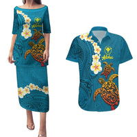 Hawaii Turtle Plumeria Flower Couples Matching Puletasi and Hawaiian Shirt Polynesian Pattern Blue Color